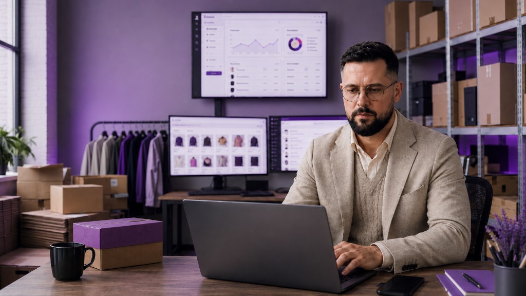 Seller at a laptop in an office-warehouse: e-commerce catalog and sales dashboard on screens, shipping boxes on shelves